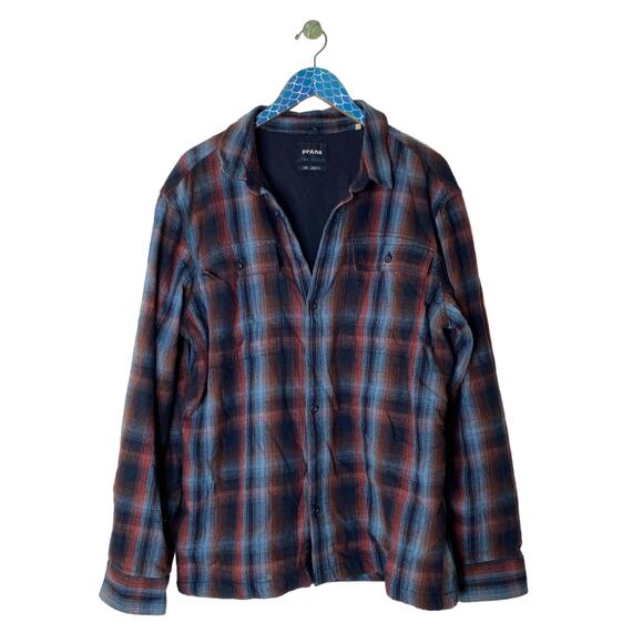 PRANA Mens Glover Park Blue Red Plaid Lined Flannel Shacket Size Large - Picture 2 of 9